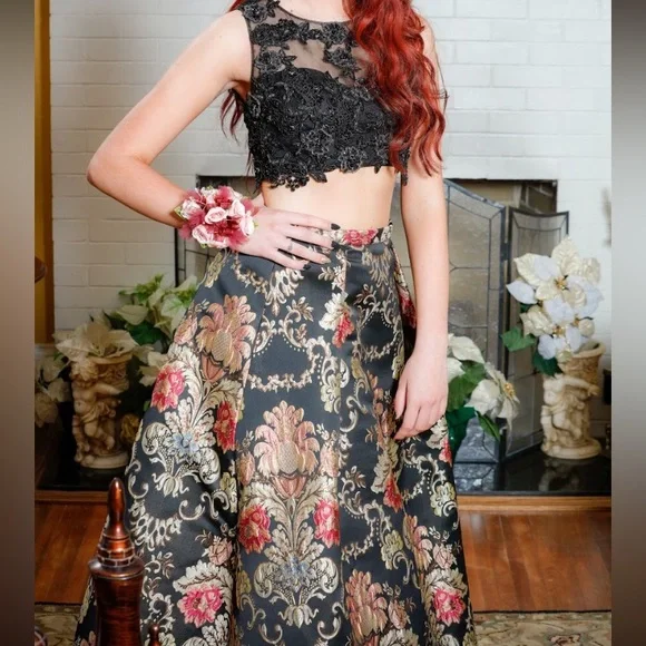 green emerald velvet dress Long Two-Piece Dress with Sequin Crop Top by Poly USA 8294 Xs / Jade main image 0